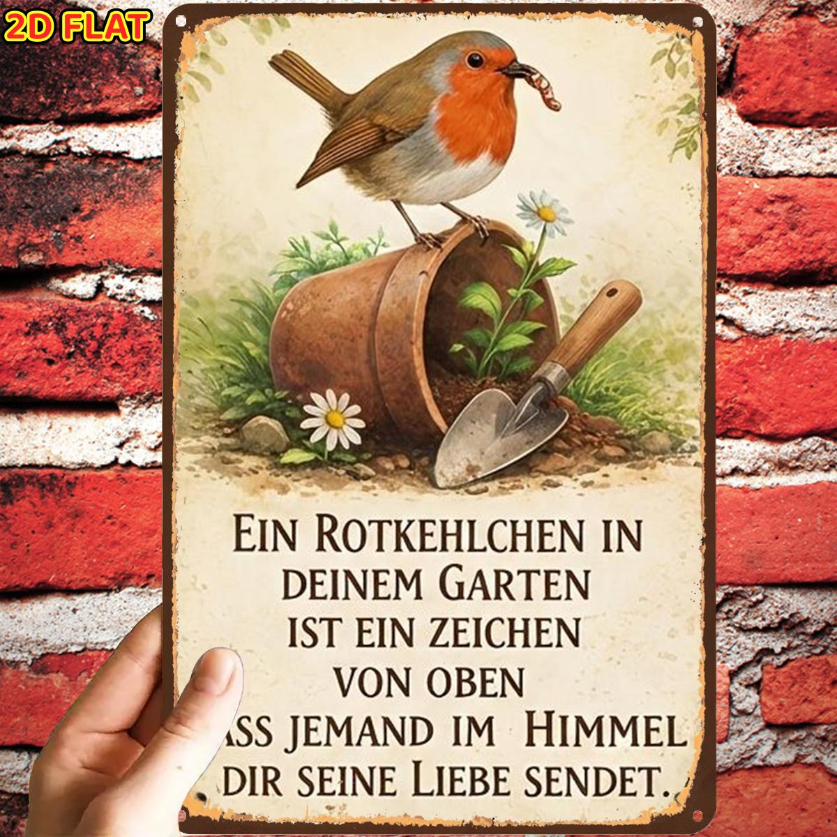 E-shop 2D Flach, ., Vintage Dach Robin Garten Metallschild, mit vorgebohrten Löchern, Ideal für Innenbereich, Garten, Außenbereich, Zuhause, Büro und