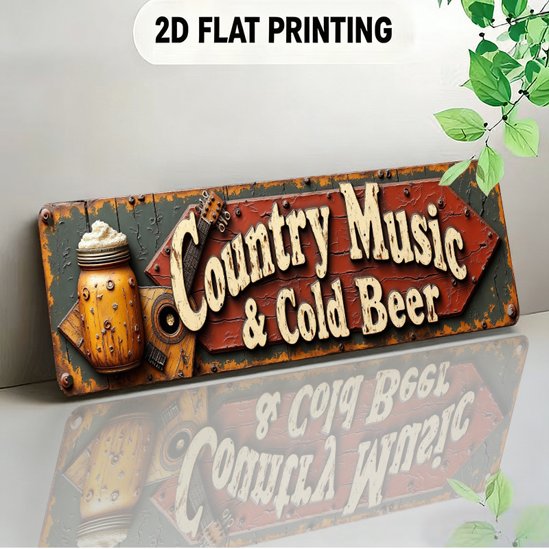 TEMU 2d Flat - A Two-dimensional Flat Design Signboard With A Country Theme, Showcasing Vintage Guitars And Beer Mugs, With Cream-colored Lettering