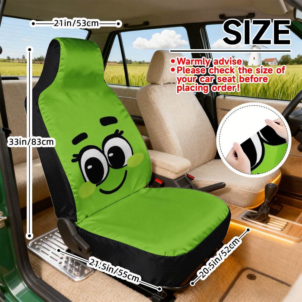 TEMU 2d Flat Printing, 2pcs Cute Green Face Print Car Seat Covers For Front Seats, Soft And Comfortable Seat Covers, Universal Fit, , Machine