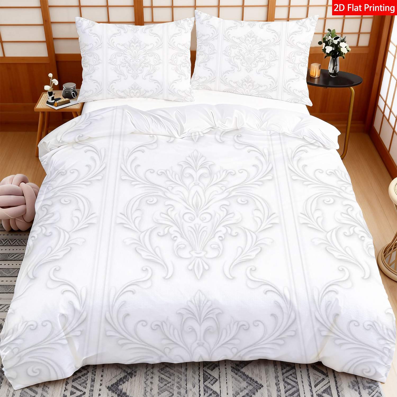TEMU 2pcs/3pcs European Luxury Damask Bedspread - Elegant White Suitable For Occasions, Zippered Quilt Cover With Pillowcases (no Comforter), Machine