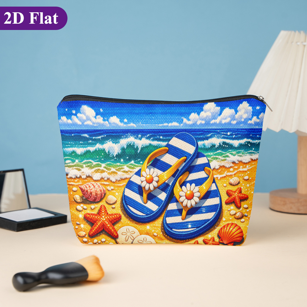 Cosmetic Bag 1pc, Seaside Sandals Shells, Featuring Fun Designs, This Double-sided Printed Women's Cosmetic Bag Is Perfect For Storing Toiletries , A Stationery Organizer, A Travel Clutch, And More