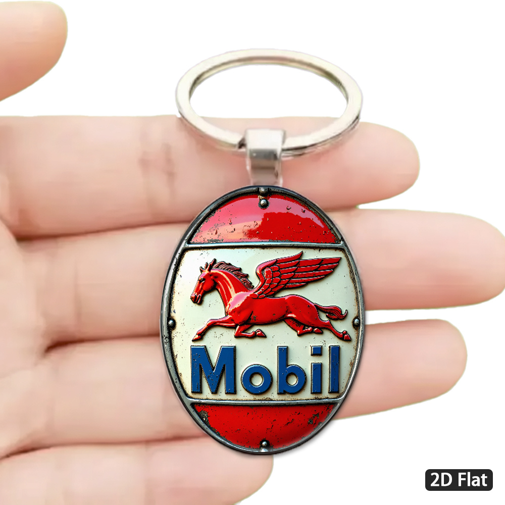 TEMU 2d Flat, 1pc 2d Flat Vintage-style Mobil Logo Keychain, , White, And Blue Color Scheme Texture, Car Dashboard Theme, Suitable For Car Keys,