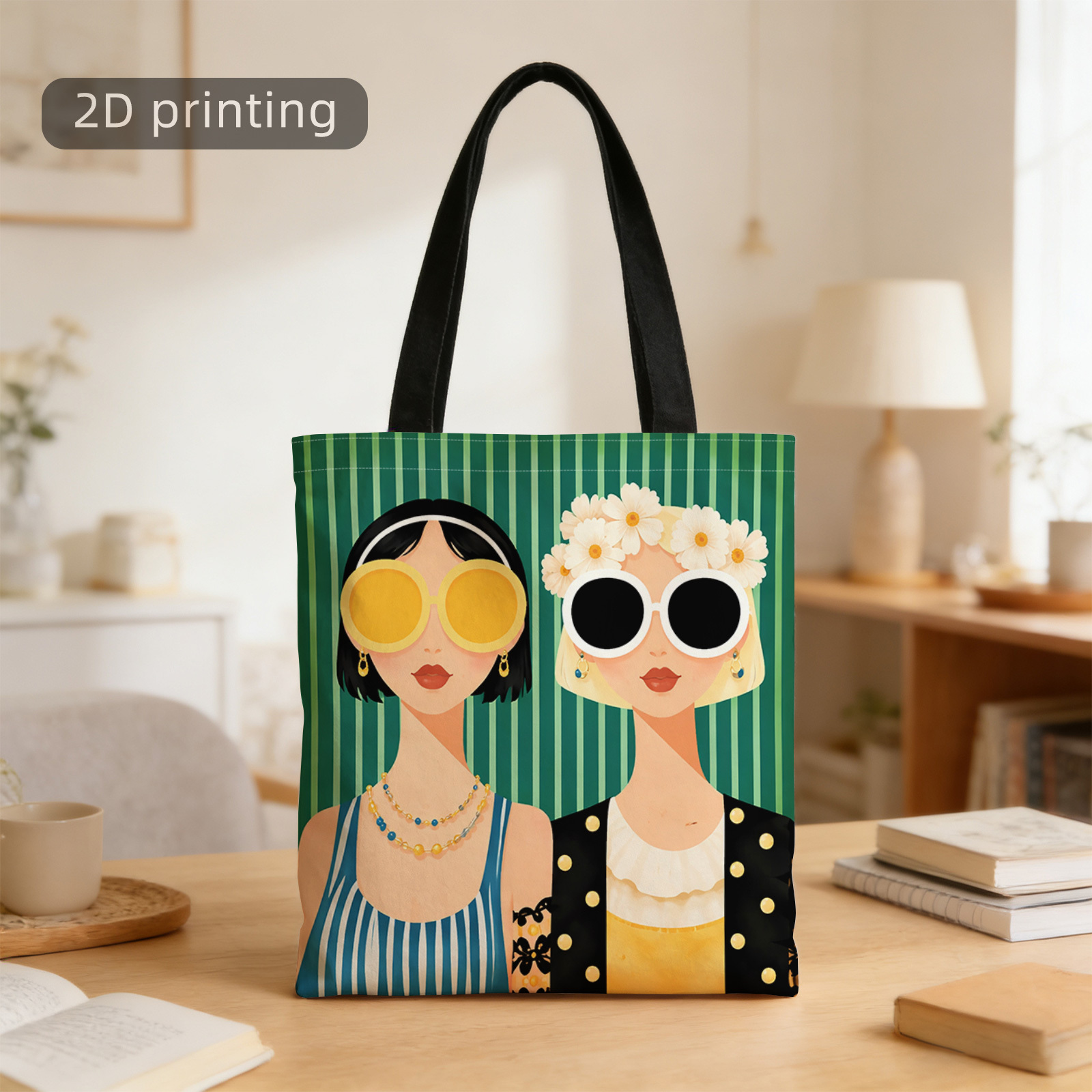 TEMU 1 ud. Bolso tote con estampado 2D, de corona floral, gafas de moda grandes, estilo retro, a rayas, moda casual, reutilizable, bolso de de moda,