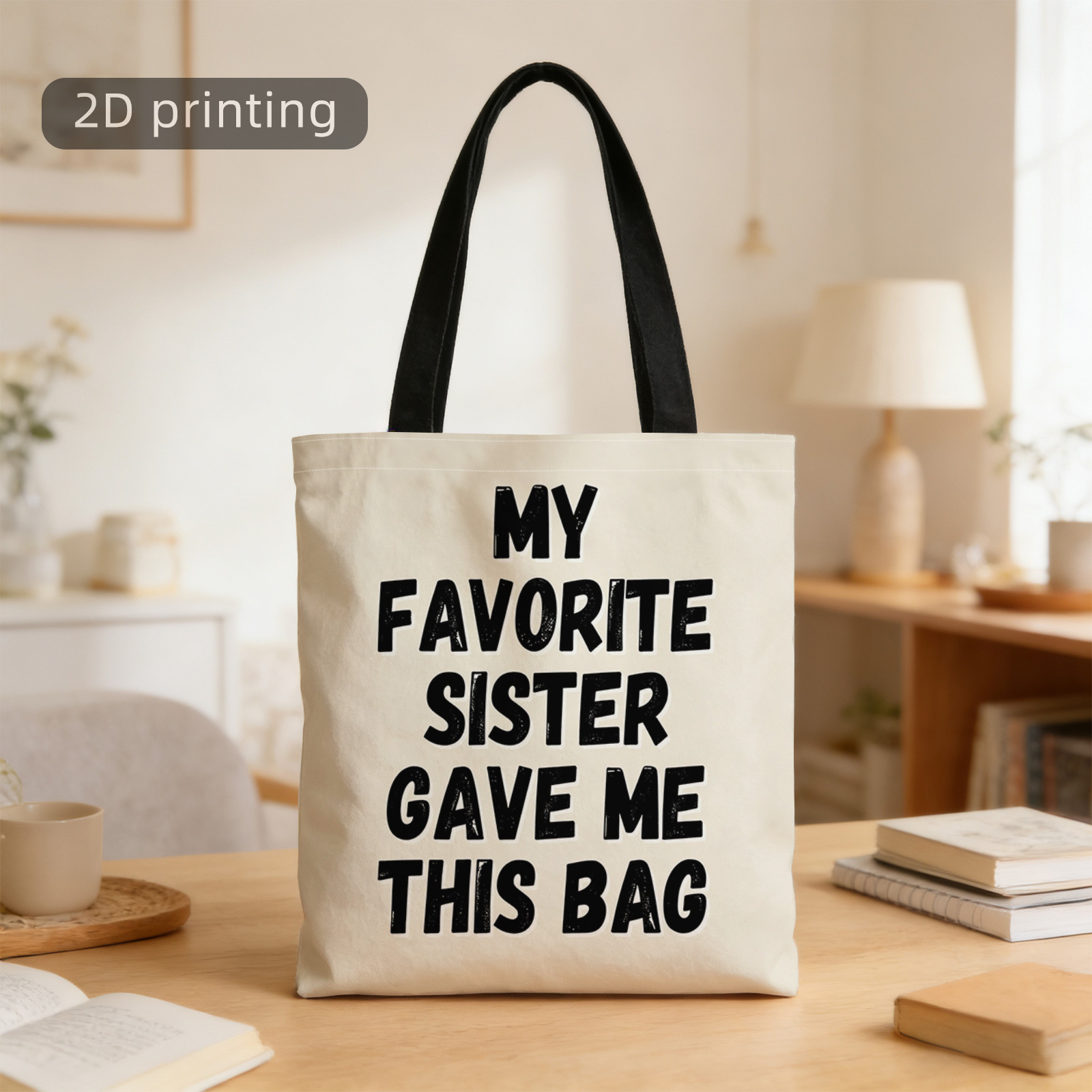 TEMU 1pc 2d Printed Tote Bag, Sister Gave Me This Bag Text, White Background, Black , Sibling Gift, Bag Label., Reusable, Stylish Shoulder Bag, Tote