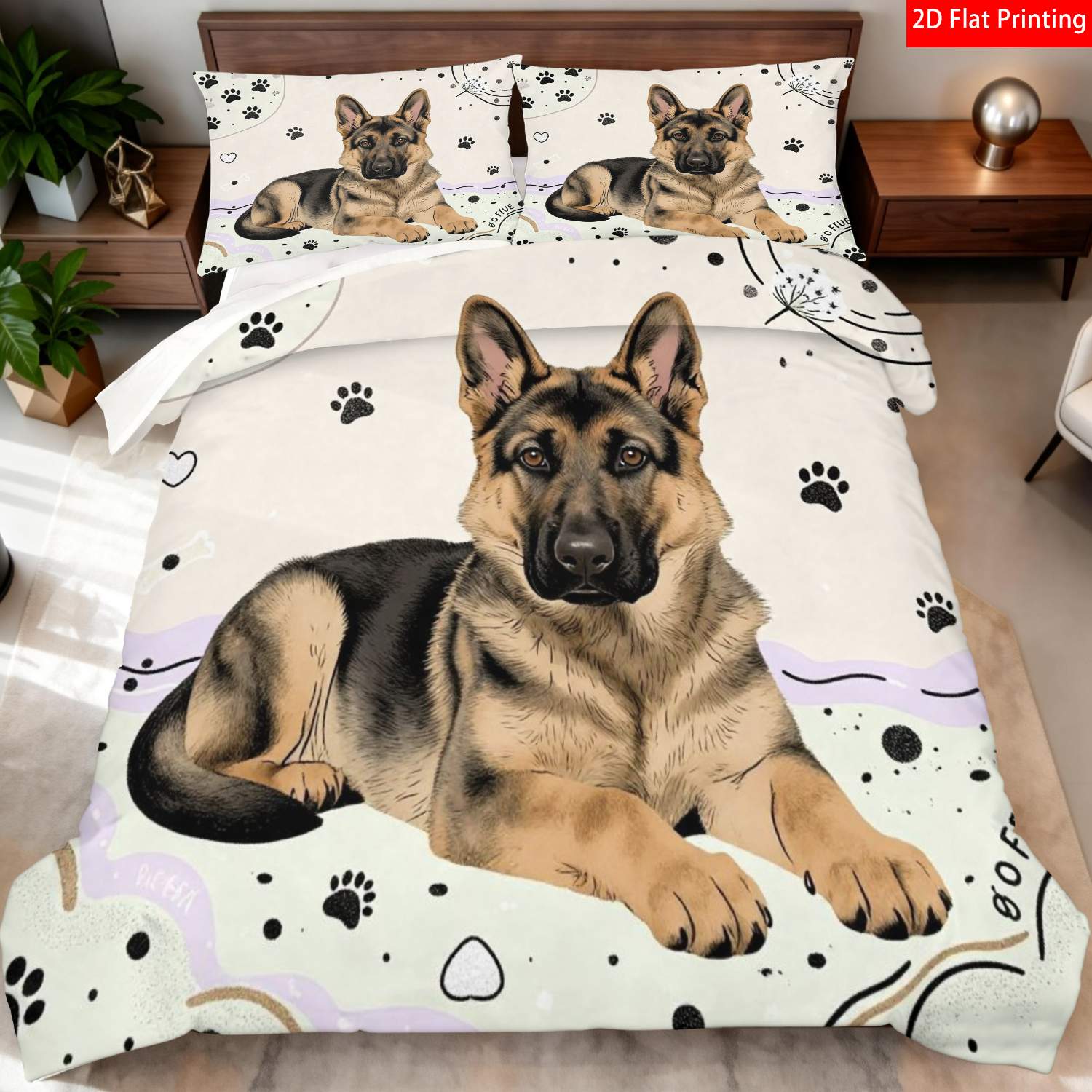 TEMU 2/3pcs Of A Modern Minimalist 2d Flat Printed Bedding Featuring A German Shepherd In Beige And Black, With And Heart Patterns, Ideal For