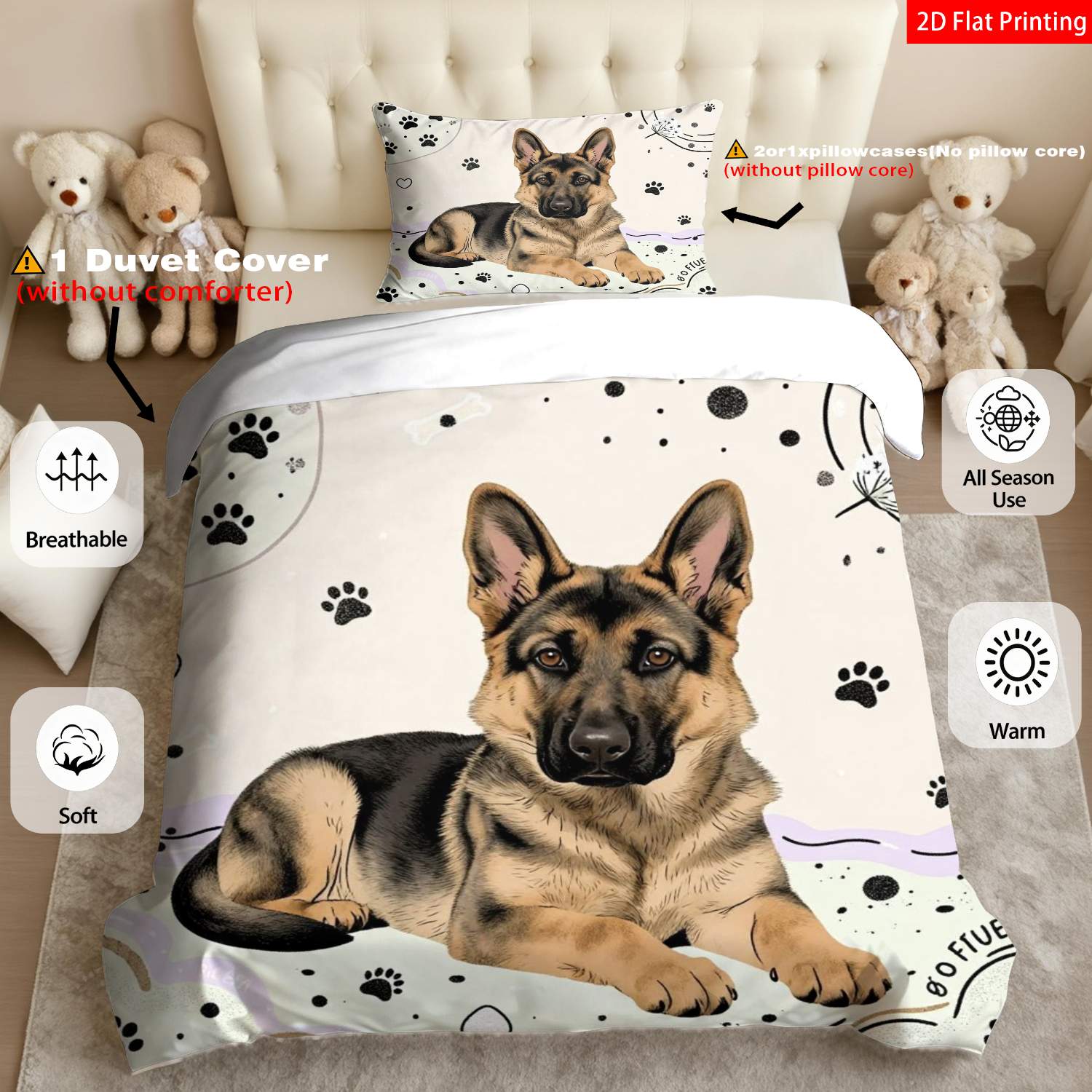 TEMU 2/3pcs Of A Modern Minimalist 2d Flat Printed Bedding Featuring A German Shepherd In Beige And Black, With And Heart Patterns, Ideal For