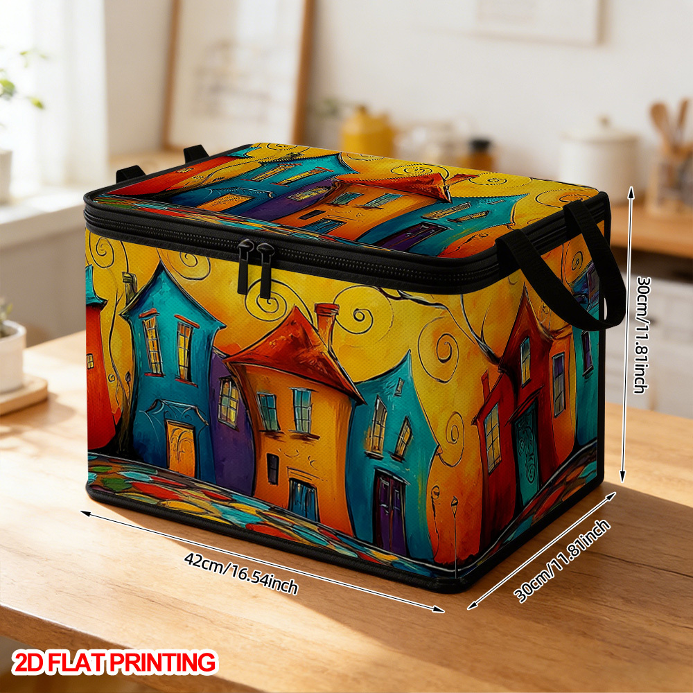 TEMU 1pc Of Vibrant 2d Printed Storage Bins Featuring Curved Houses And Trees, Made Of Soft Fabric. Ideal For Organizing Small Items In Your For Home