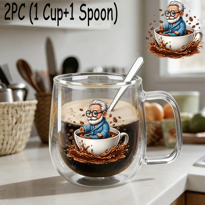 TEMU 2er-Set (1 Glasbecher + 1 Löffel), Isolierter, doppelwandiger Borosilikat-Glas-Wiederverwendbarer Wasserglas mit Griff, Großer, durchsichtiger
