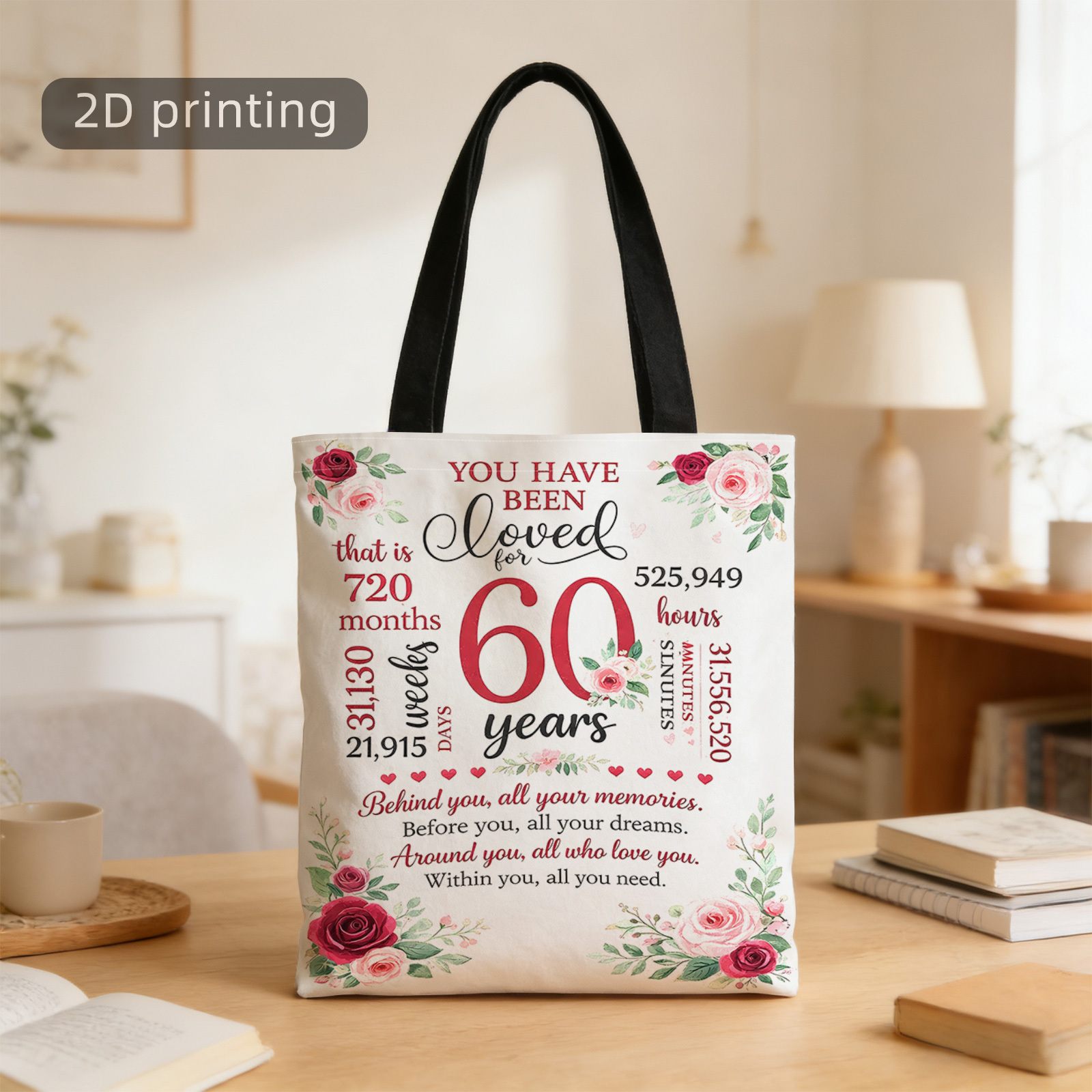 TEMU 1pc Extra Large Capacity Tote Bag With Double-sided Printing, All-match Daily Handbag, 2d Printed Tote Bag, Designed For 60th Birthday