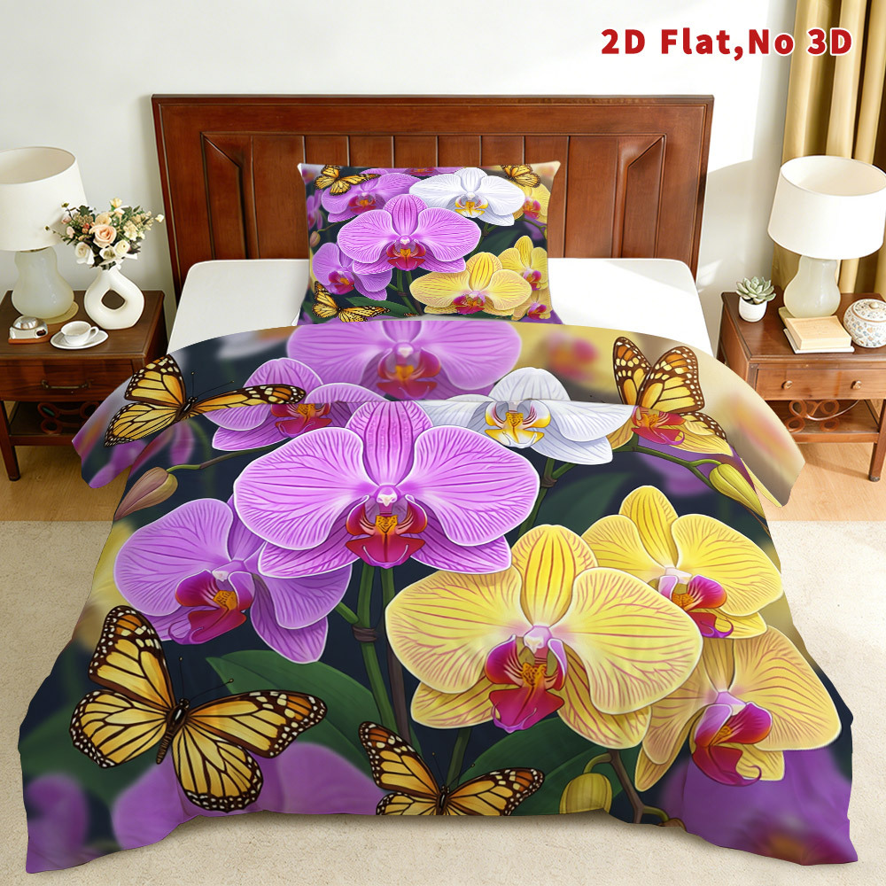 TEMU 2d Flat Floral 2/3pcs Duvet Cover Set Orchid Bedding Bed Cover Set Breathable And Stylish Design Printed Bedding 1 Quilt Cover   1/2 Pillowcases