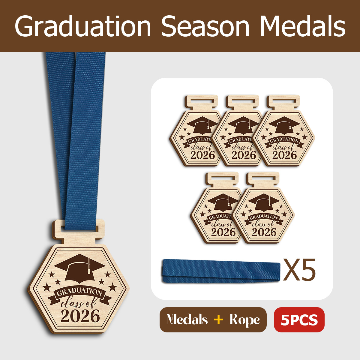 TEMU 2d Flat Printing 5pcs Set Of Hexagonal Wooden Medals, With Graduation And Star Patterns, Serving As Inspirational Graduation Gifts, 2026