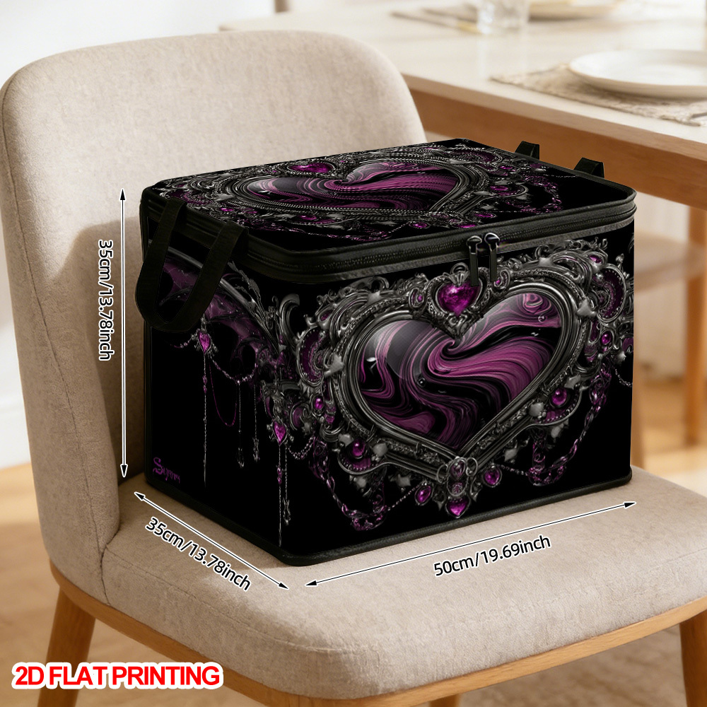 TEMU de rangement à couvercle 2D à impression plate, 1 pièce, motif gothique cœur violet, tissu , idéal pour fournitures de bureau, rangement de