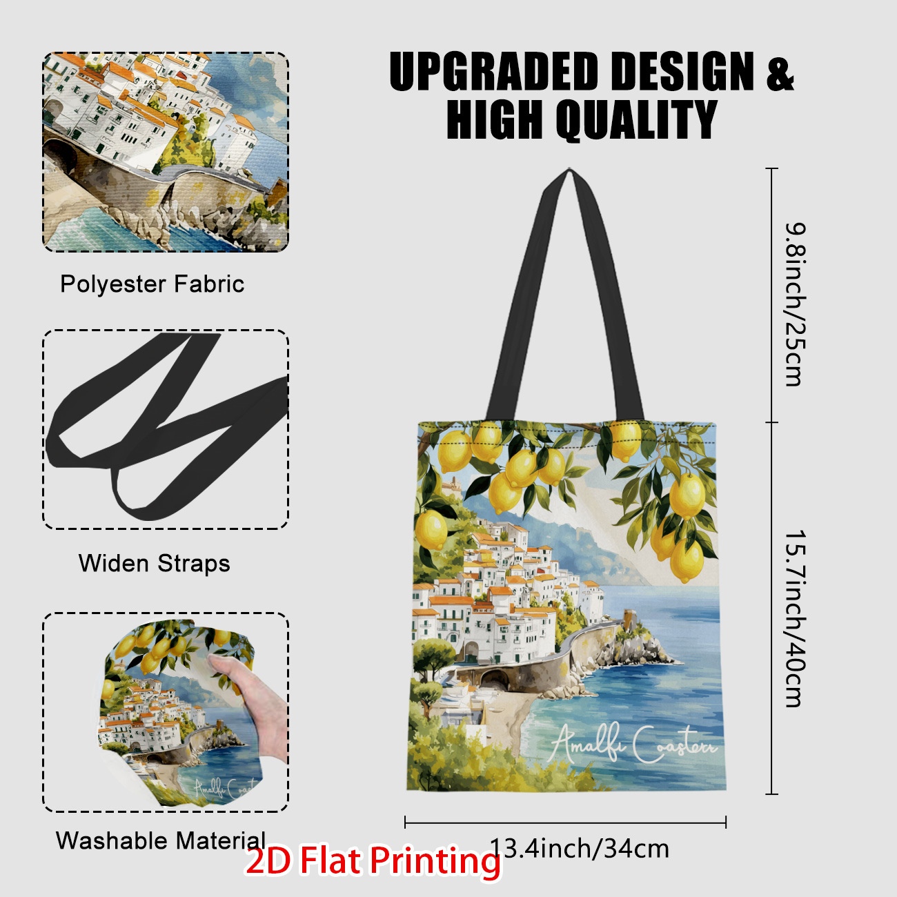 TEMU 1pc Lemon Village Tote Bag - Large Capacity Lemon Print Beach Bag, Reusable Handbag Suitable For Travel, Shopping, Picnic, Portable Shoulder Bag