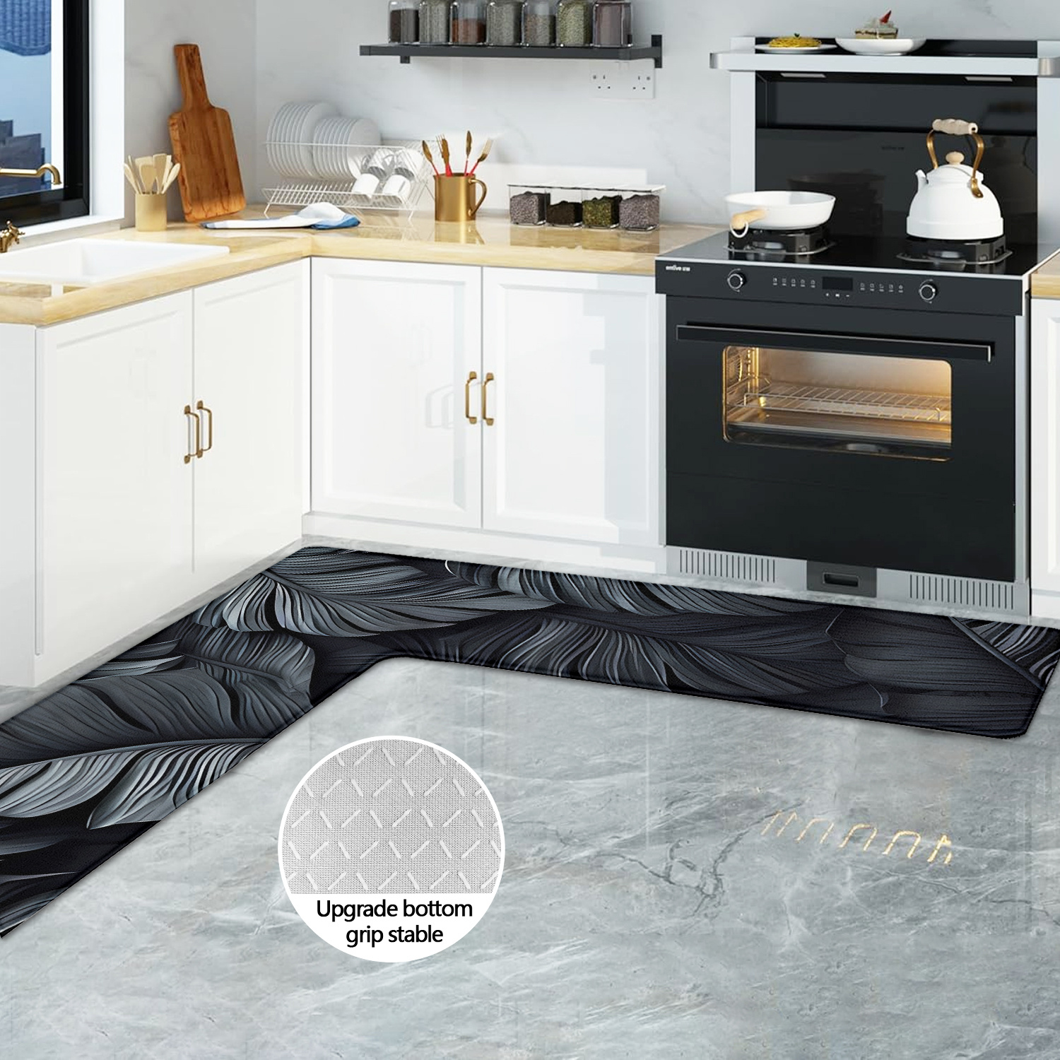 TEMU Tapis de sol 1 pièce de L à motif de feuilles sombres, convient pour cuisine, salle de bain, salon - , antidérapant, lavable en machine avec