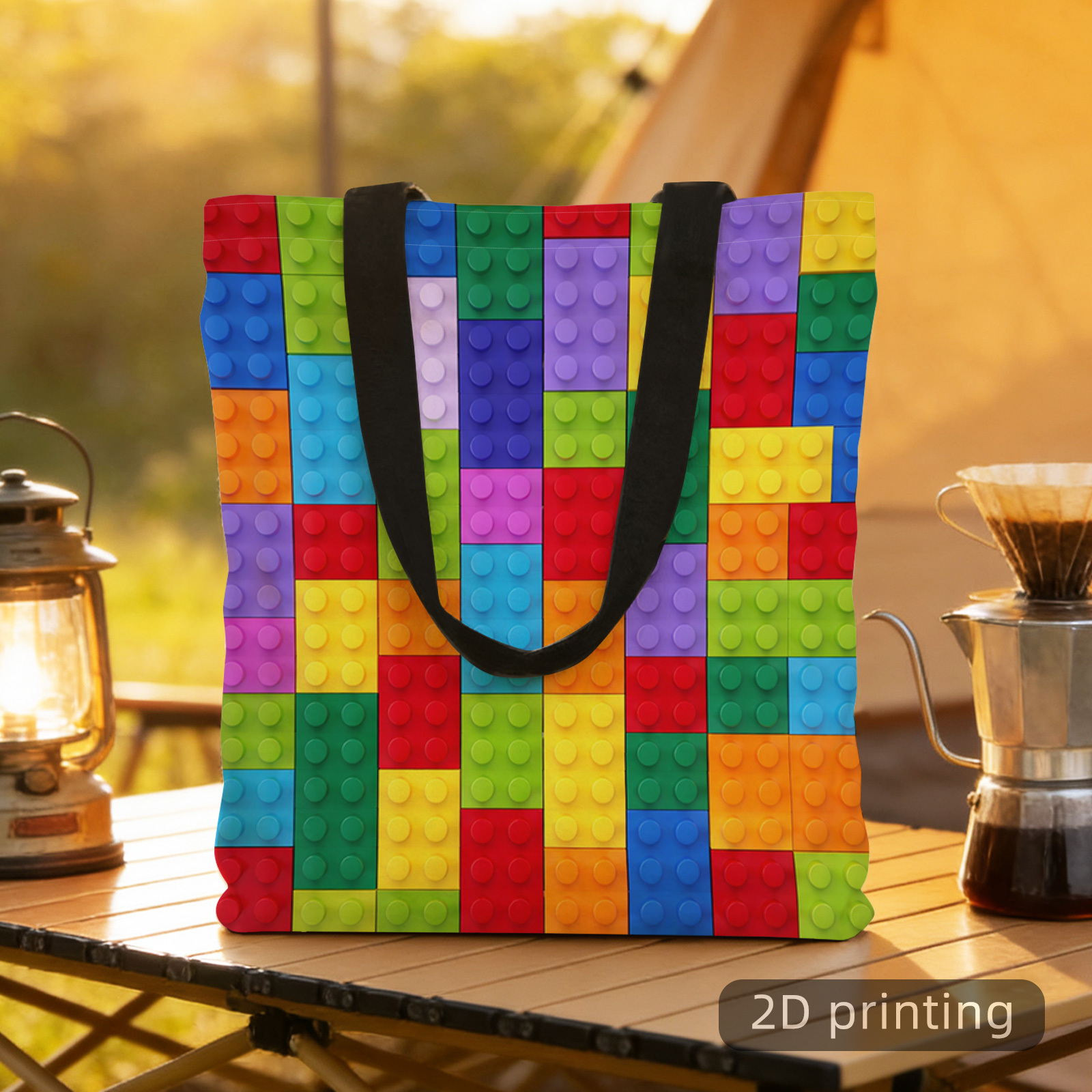TEMU 1pc Extra Large Capacity Tote Bag With Double Sided Printing, All-match Daily Handbag, 2d Printed Tote Bag, Colorful, Building Block Pattern,
