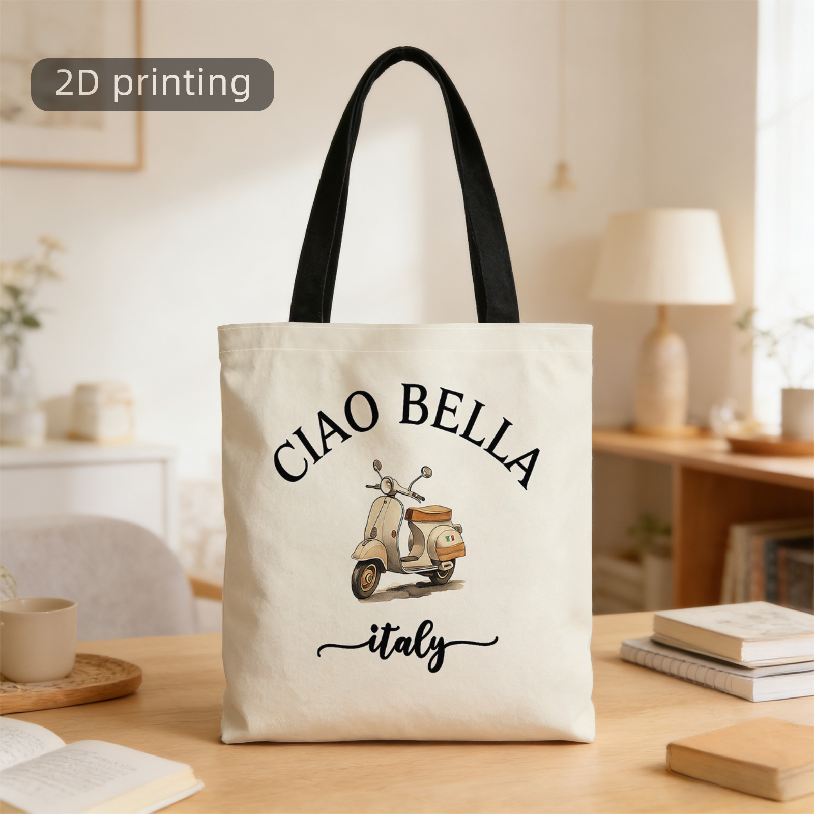 TEMU Borsa Tote Stampata 2D, con un Design, Stampata con Scritta " Bella", Ispirata all'Italia. Questa Borsa a Spalla Retro 癡 Perfetta per Shopping,
