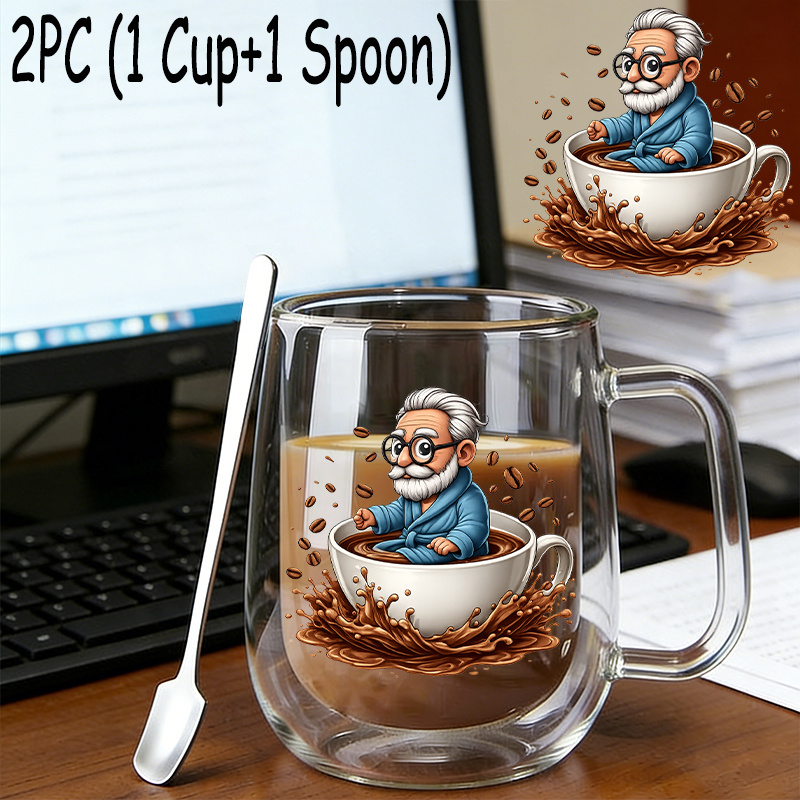 TEMU 2pcs (1 tasse en verre + 1 cuillère), Gobelet d'eau réutilisable en borosilicate à double paroi isolée avec poignée, Grande , Mug à café