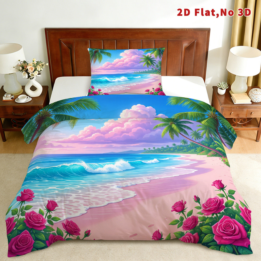 TEMU Mokalala 2d Flat Tropical Beach Themed 2/3pcs Duvet Cover Set Beach Themed Bedding Bed Cover Set Stylish Design Breathable Printed Bedding 1