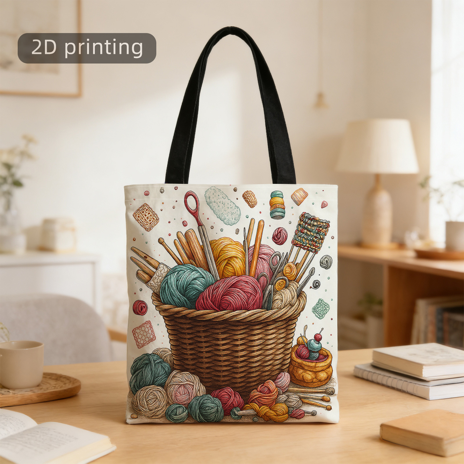 TEMU 2d Printed Tote Bag, Knitting Materials, Yarn, Basket, Needles, Scissors, Reusable, Stylish Shoulder Bag, Tote Bag, Shopping Bag, Suitable For