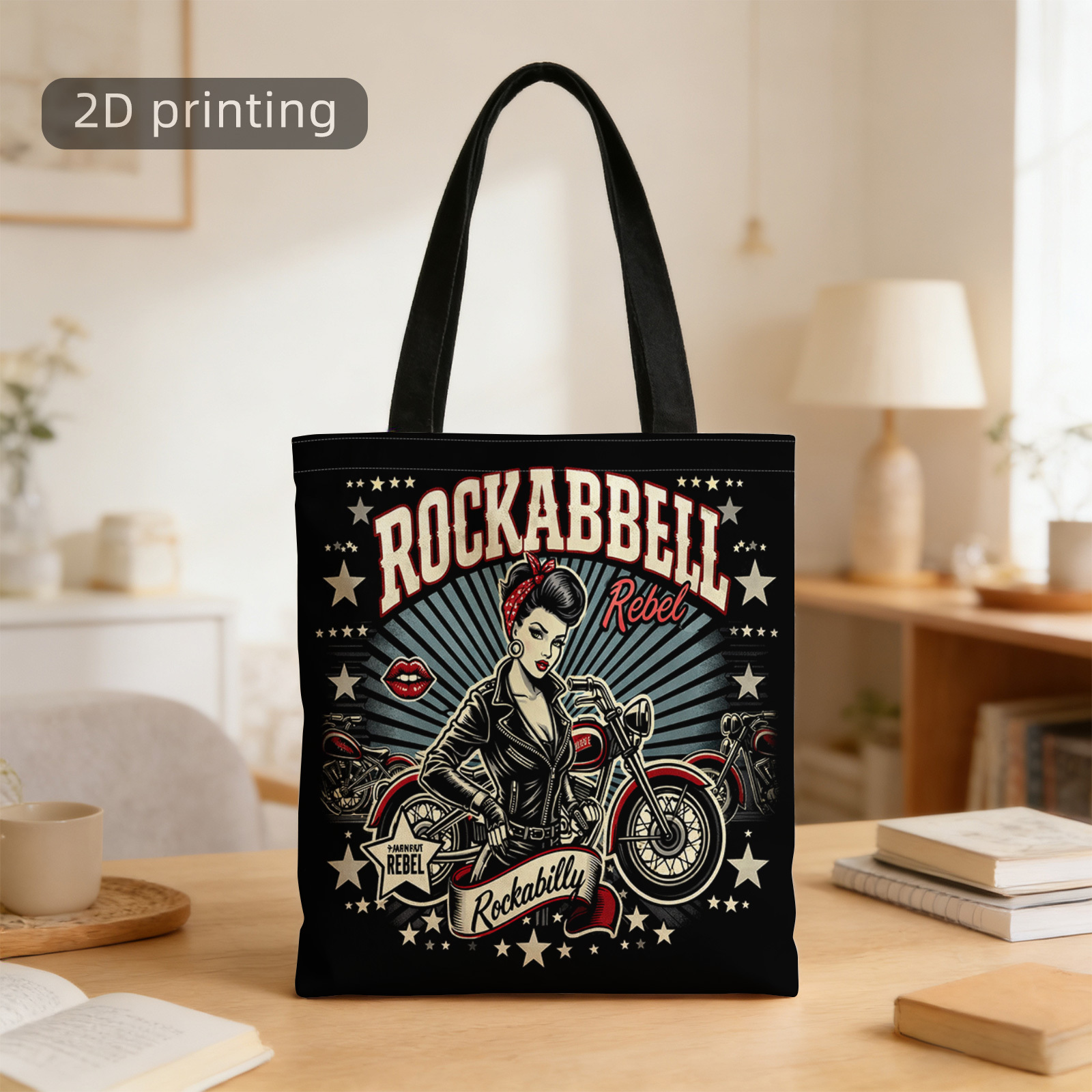 TEMU 1 ud. Bolso tote con impresión 2D de cara, Colección Rebel de Roabell, Tema femenino, Estilo póster de motocicleta y vintage, Estilo Rock Billy,