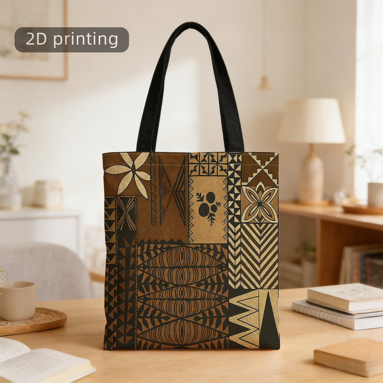 TEMU Fashionable Handbag, 1pc, 2d Printed Tote Bag, Geometric Pattern, Tan And Brown Color Scheme, Traditional Motif, Cultural Artwork, Reusable,