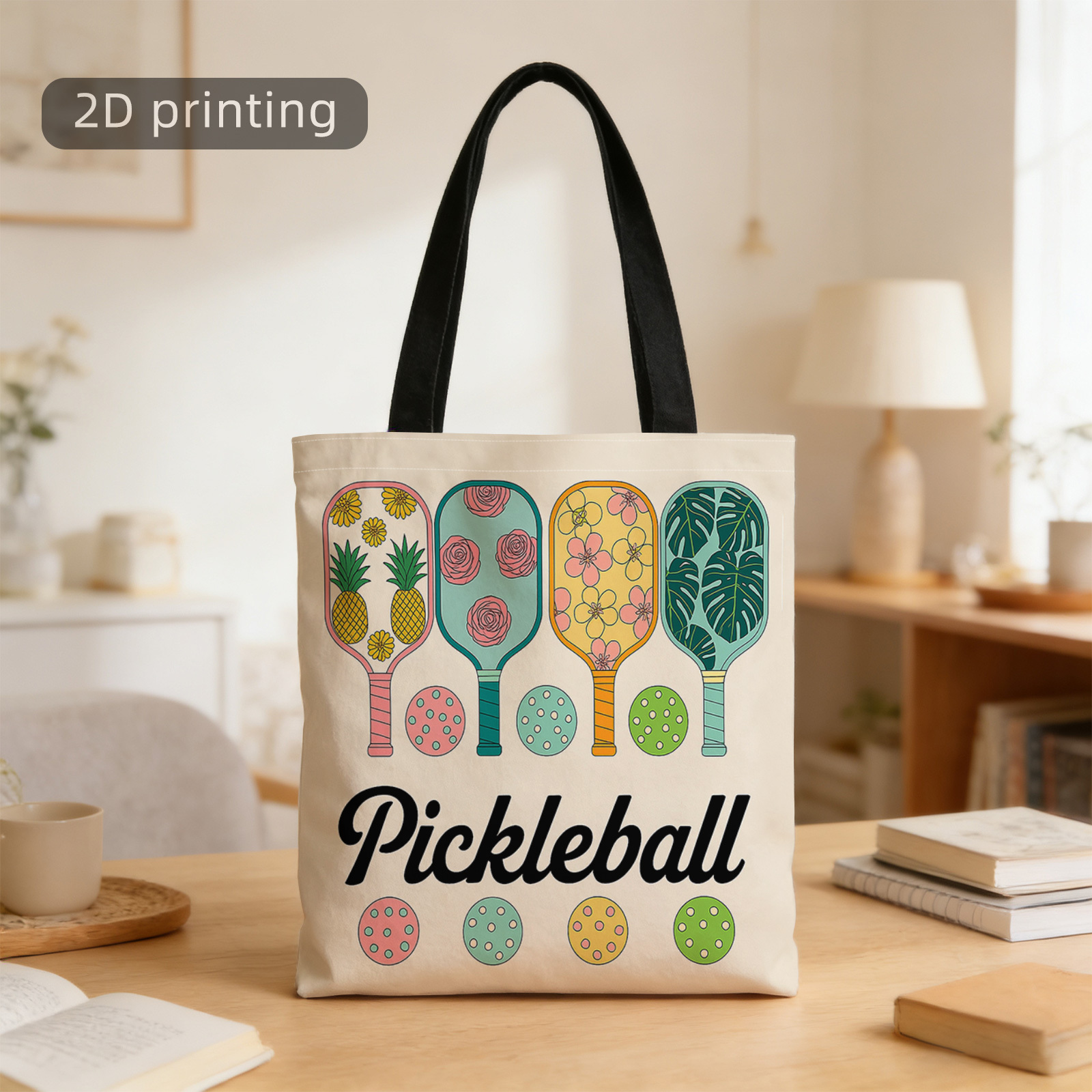 TEMU 1pc 2d Printed Tote Bag, Tropical, Pickleball, Pineapples, Flowers, Colorful, Reusable, Stylish Shoulder Bag, Tote Bag, Shopping Bag, Suitable