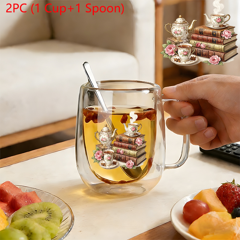 TEMU Personalized Custom Name, 2pcs(1pc Glass Cup 1pc Spoon), Insulated Double-walled Borosilicate Reusable Water Cup With Handle, Large Capacity