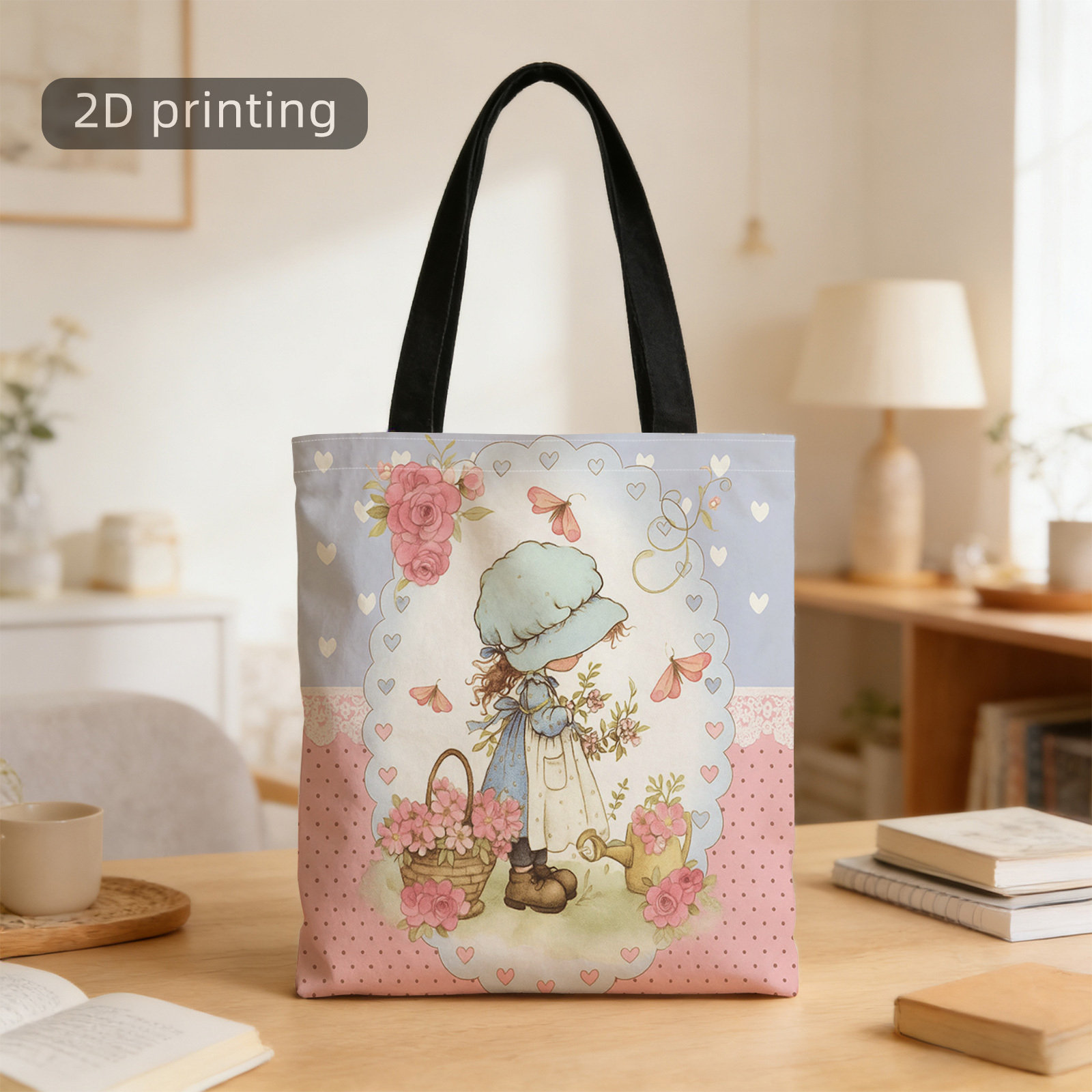 TEMU A 2d Printed Tote Bag Featuring A Gardener Design With Flowers And Hearts, Designed In A Vintage Style With Pastel Tones. This Reusable And
