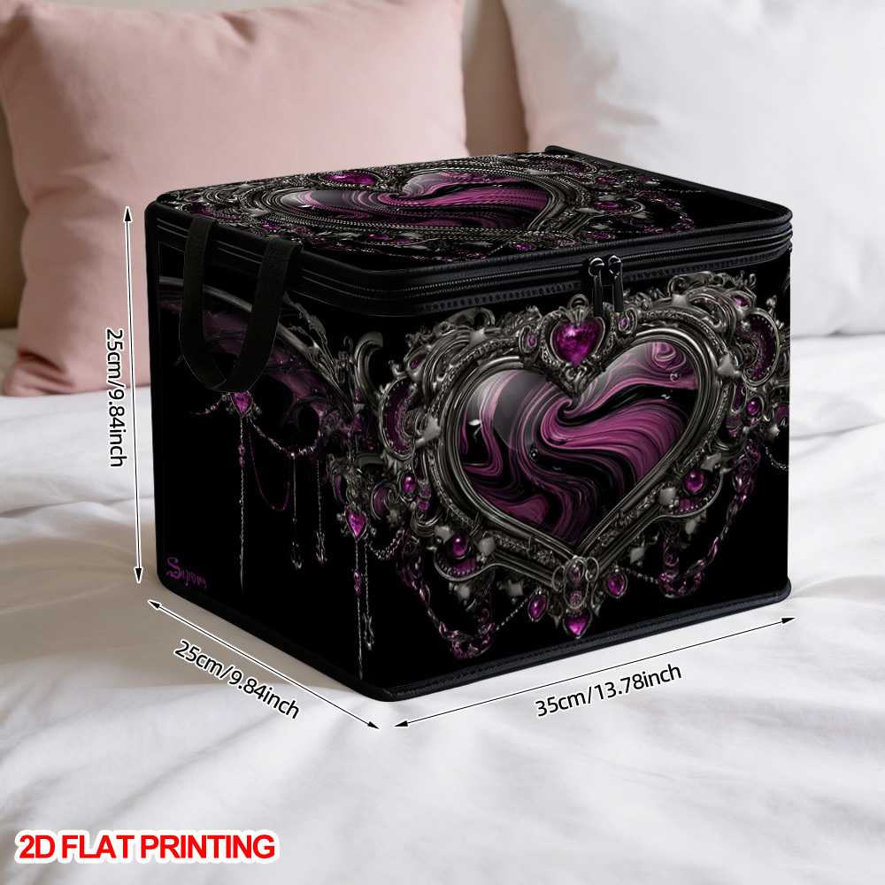 TEMU 2d Flat Printing 1pc Purple Heart Gothic Design Lidded Storage Bins, Soft Fabric, Ideal For Office Supplies, Bedroom Closet Storage, And Holiday