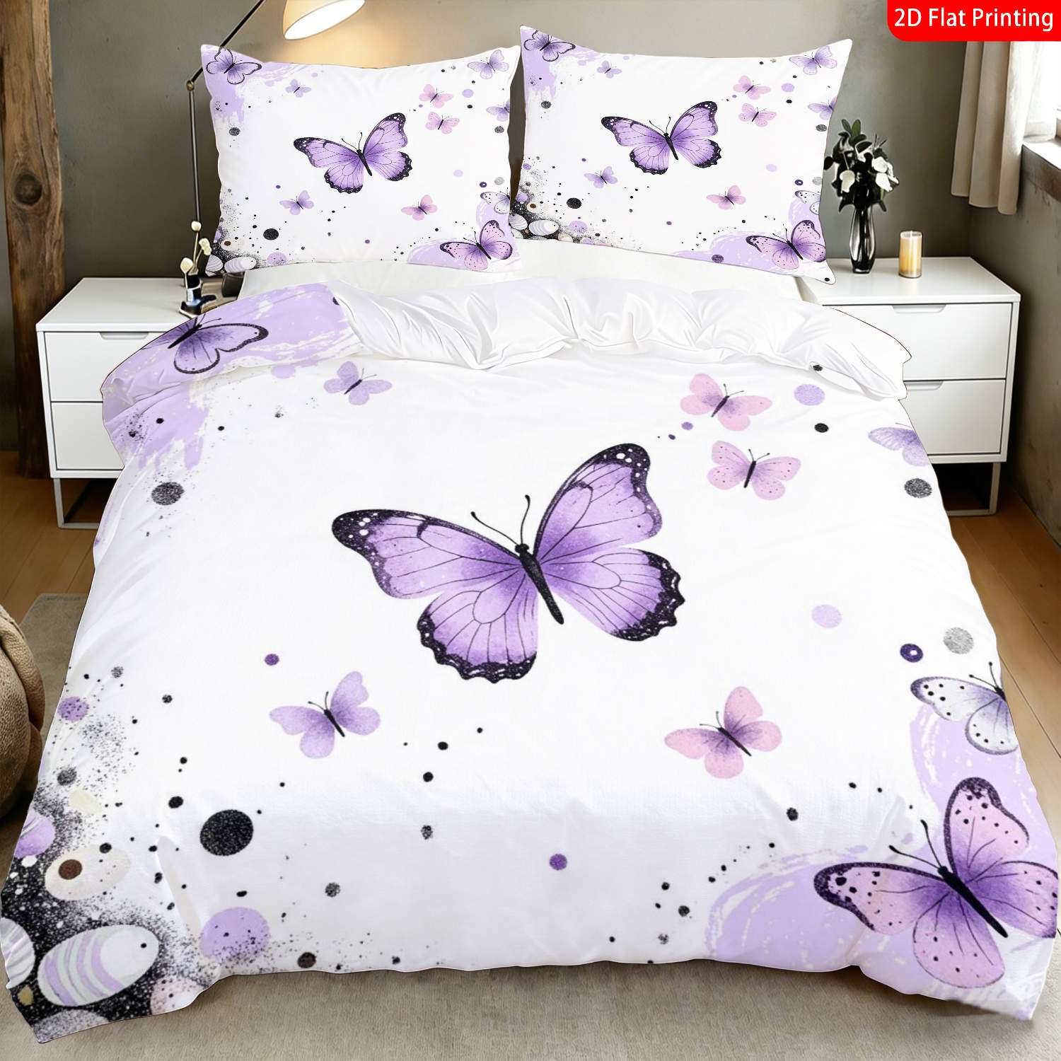 TEMU A Romantic Nature-themed Bedding Featuring A 2d Flat Print With Purple Butterflies And Floral Designs, Complemented Dots. It Includes 1 Duvet