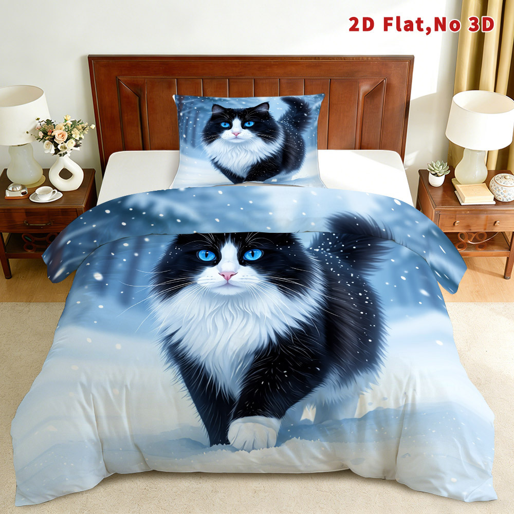 TEMU 2d Flat 2/3pcs Cat Duvet Cover Set Queen King Full Sizes Bedding Snowy Cat Pattern 1 Duvet Cover   1/2 Pillowcases Machine Washable Suitable For