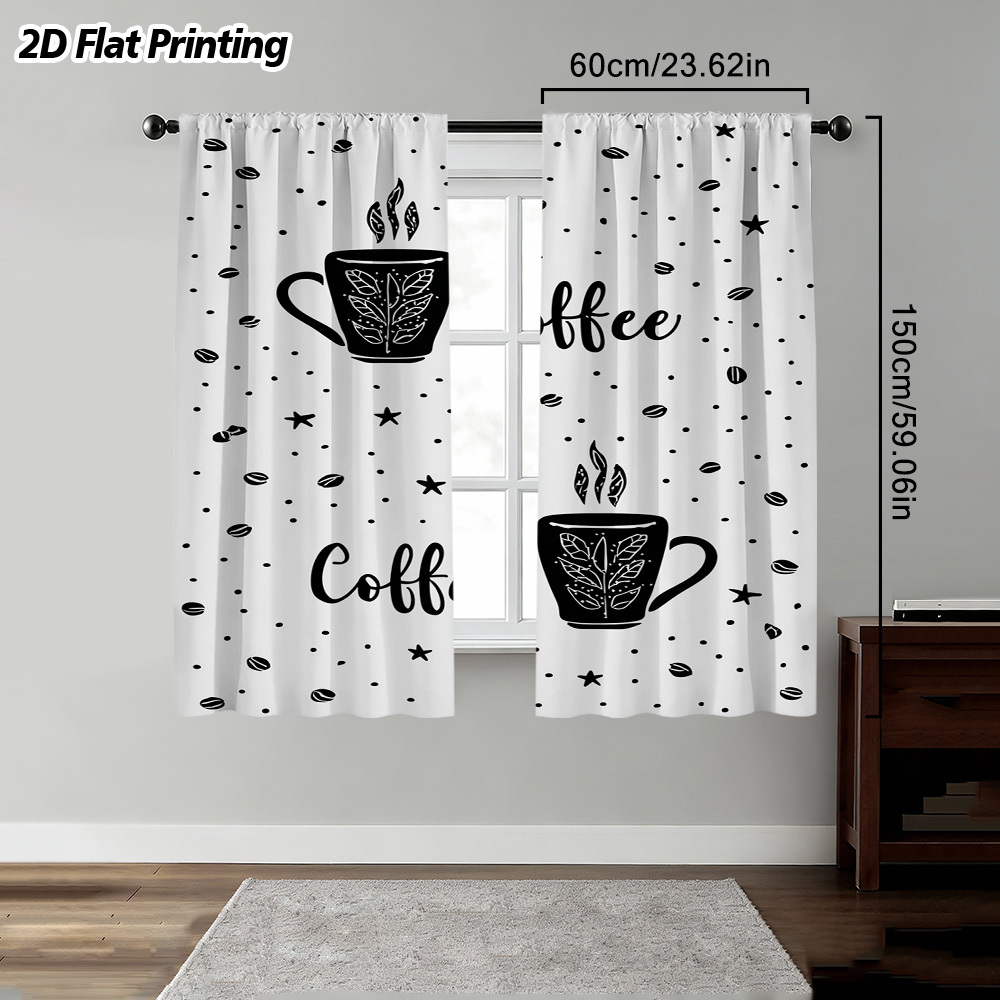 TEMU 2d Flat - 2d Flat - 2pcs 2d Flat Coffee And Stars Printed Curtain â Rod Pocket Window For Bedroom, Office, Kitchen, Living Room, Coffee Shop,