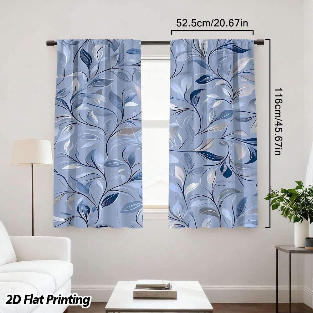 TEMU Rideaux 2D Plats - 2 pièces de rideaux imprimés avec motif de feuilles tourbillonnantes bleues, style décoratif élégant, effet de suspension