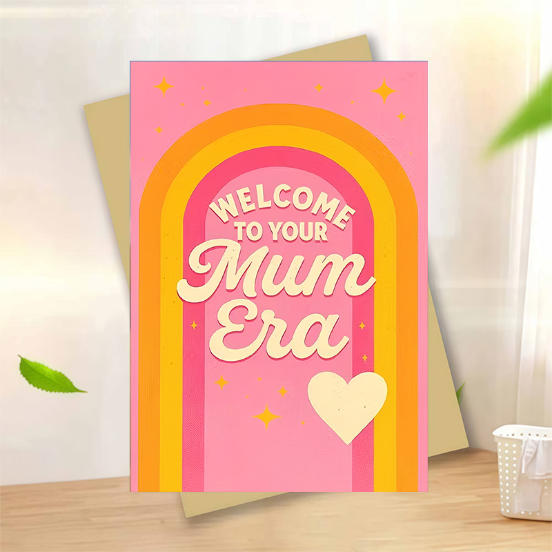 1pc Welcome To Your Mum Era Card Pink Retro Rainbow Heart New Mum Greeting Card For Baby Shower Birth Congrats From Cute Celebration Gift For Her Mum To With Envelope