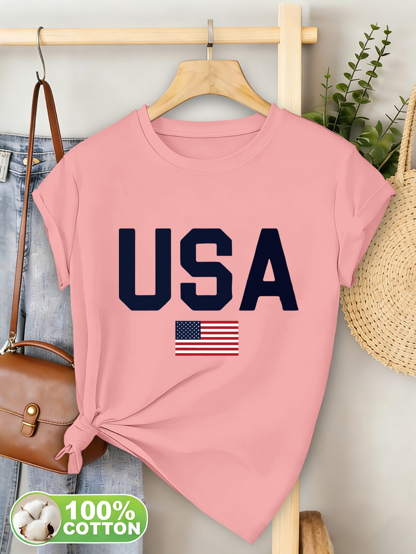 Camiseta de moda 100% para mujer, novedad de verano, de cuello redondo y manga corta con estampado "USA" y patrón de bandera americana, casual y elegante para uso diario