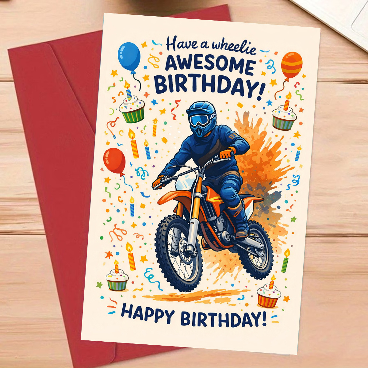 TEMU 1pc Dynamic Birthday Greeting Card, Motocross Rider With Balloons Cupcakes And Confetti Have A Wheelie Awesome Birthday, Suitable For A