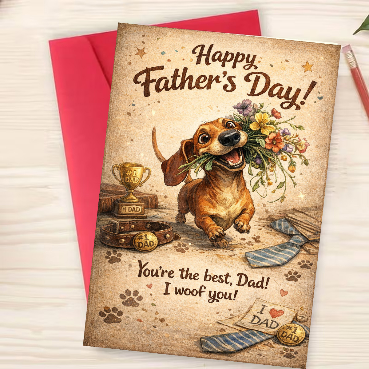 TEMU A Single Father's Day Card Featuring A Dachshund With A Bouquet That 'you're The Best Dad, I You.' Perfect For Fathers Or Dog Enthusiasts, This