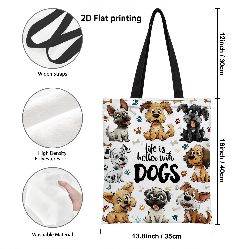 TEMU 1pc Of A Two-dimensional Flat Canvas Tote Bag Featuring Adorable Cartoon Dogs, Perfect For Grocery Shopping And Daily Use. It Has Printing On