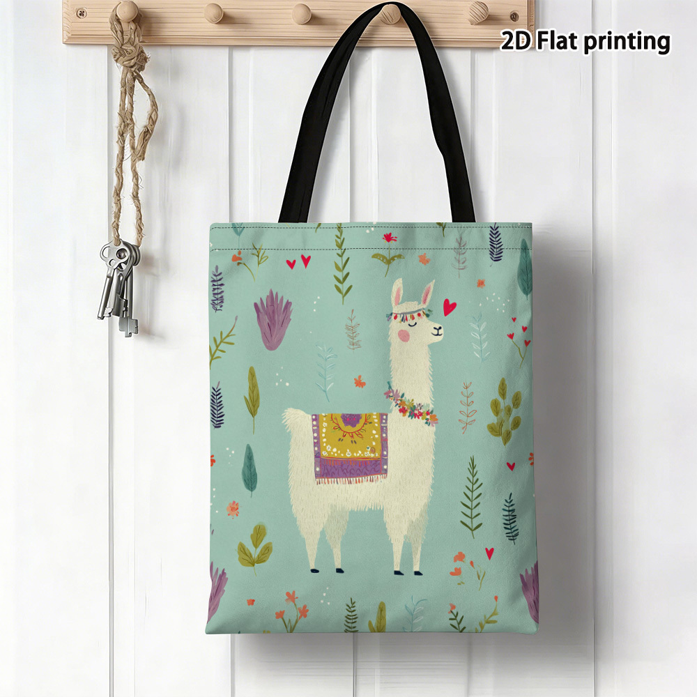 item picture 1pc 2d flat vivid llama with floral elements graphic tote bag colorful pattern reusable grocery bags   shoulder bag for daily use and travel multiple compartments easy   trendy lightweight handbag 2d flat