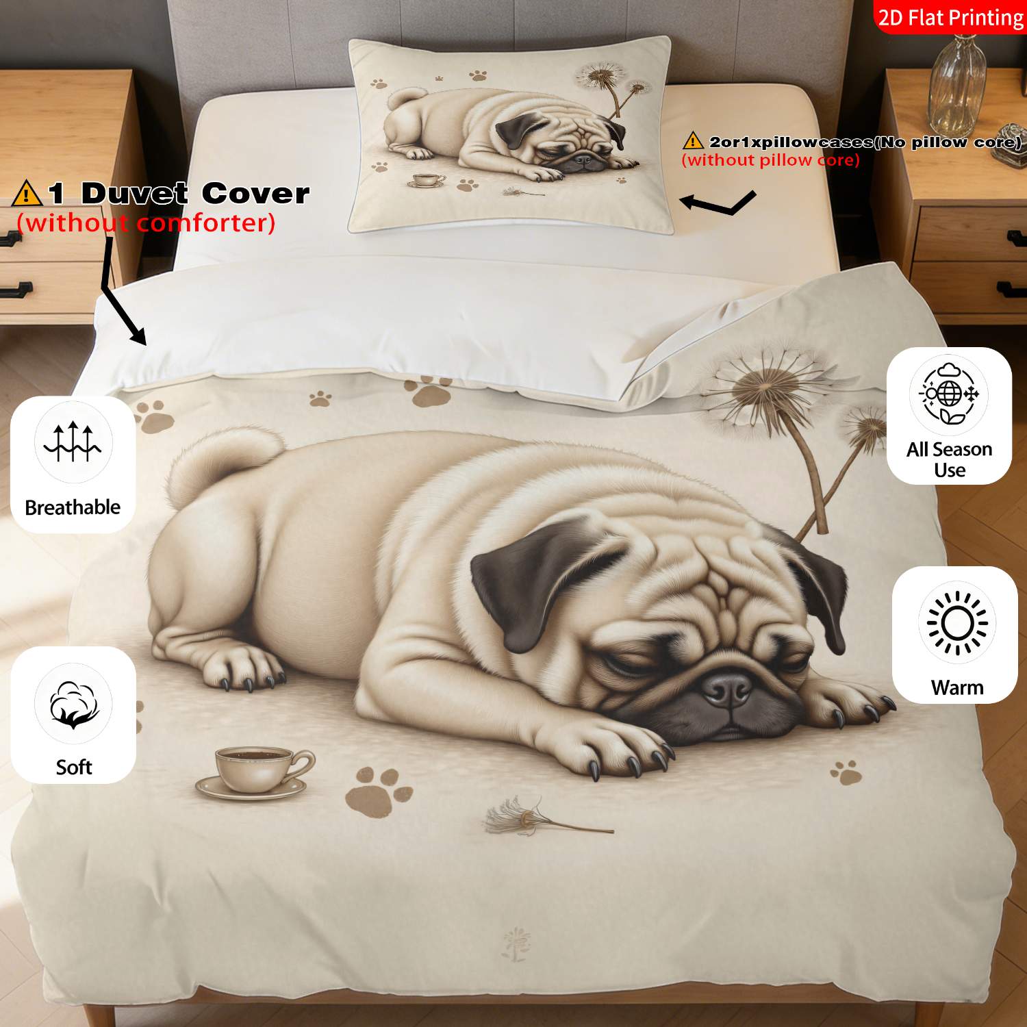 TEMU 2pcs/3pcs Pug Bedspread Suitable For Bedroom Decoration - Minimalist Cute Pug Themed Quilt Cover With Duvet Cover & Pillowcases, Beige Paw Print
