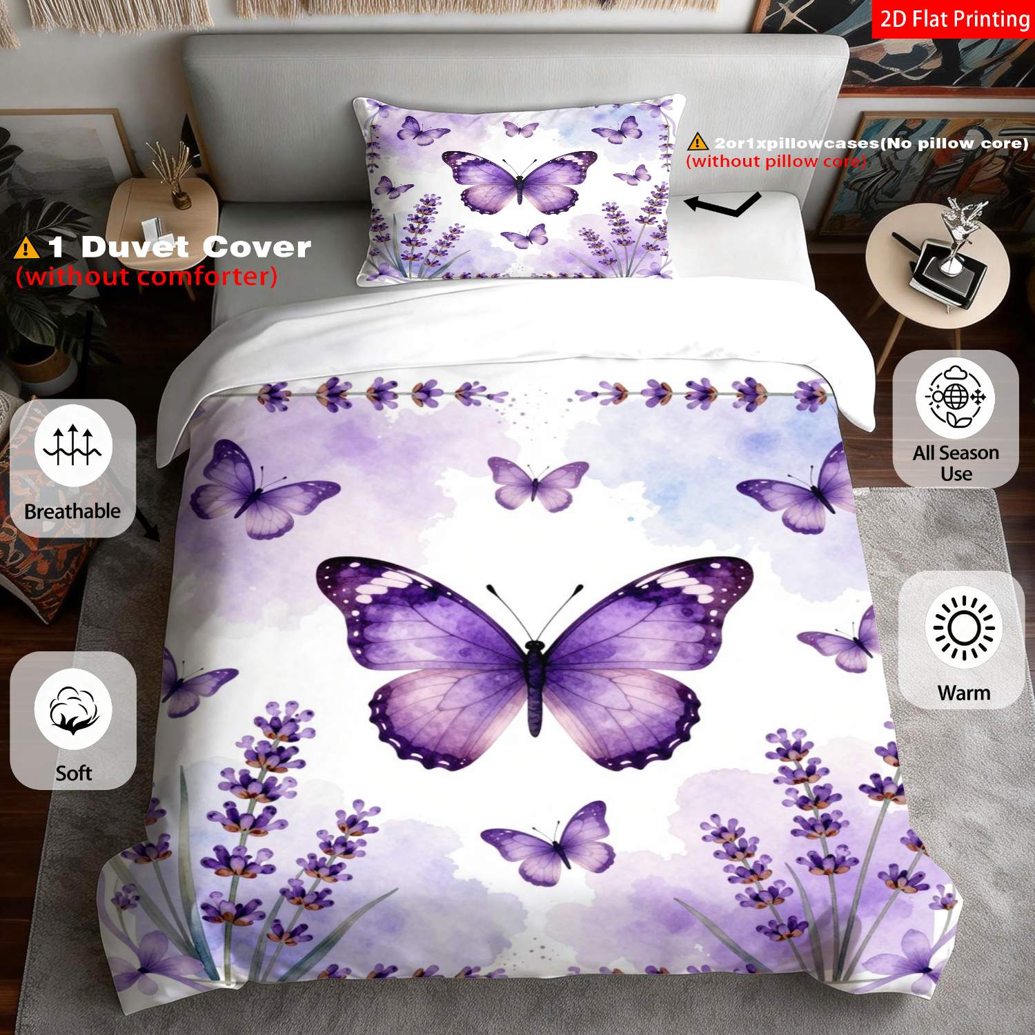 TEMU 2/3pcs 2d Flat Printing Romantic Watercolor & Lavender Quilt Cover Bedding Purple Floral Print Pattern Suitable For Occasions(1 Duvet 1/2