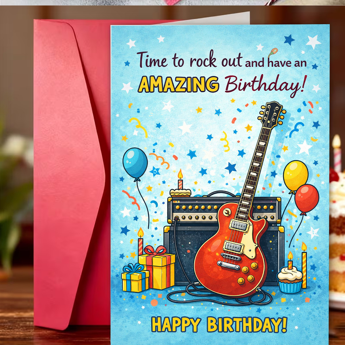 TEMU 1pc Vibrant Birthday Greeting Card, Guitar And Amp With Balloons And Confetti " And Have An Amazing Birthday", Suitable For Music Lovers,