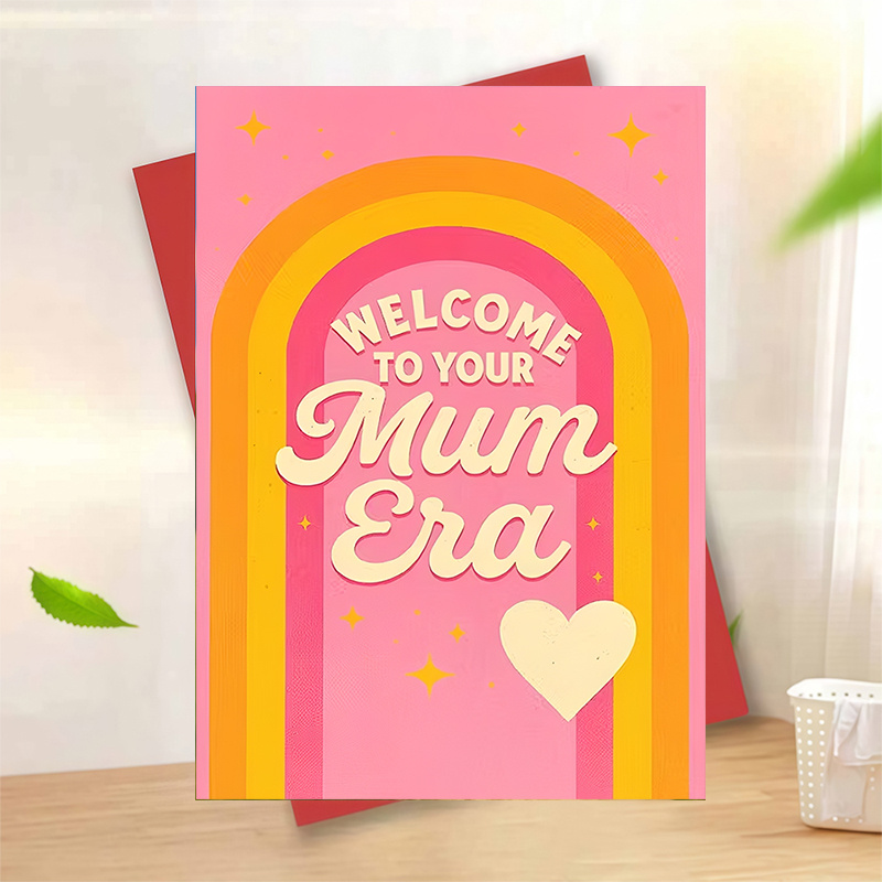 Image of 1pc Welcome To Your Mum Era Card Pink Retro Rainbow Heart New Mum Greeting Card For Baby Shower Birth Congrats From Cute Celebration Gift For Her Mum To With Envelope