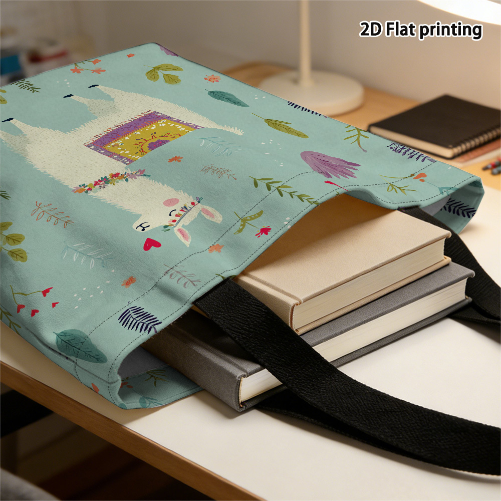 1pc 2d flat vivid llama with floral elements graphic tote bag colorful pattern reusable grocery bags   shoulder bag for daily use and travel multiple compartments easy   trendy lightweight handbag 2d flat