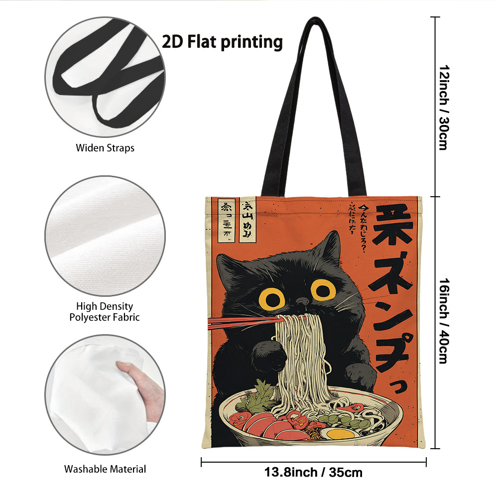 TEMU 1pc Reusable Grocery Bags, 2d Flat Printed With Cat Eating Noodles Pattern + Lightweight Foldable Shoulder Bag, Travel, Camping, And Everyday