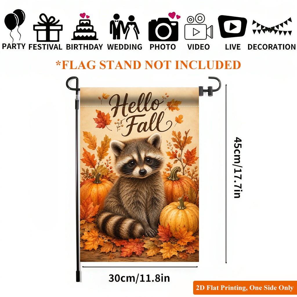 TEMU 2d Flat, 2d Flat Printing Garden Flag 1pc, Raccoon With Pumpkins Autumn Scene Durable Single-sided Print Yard Flag, Garden & Home Holiday