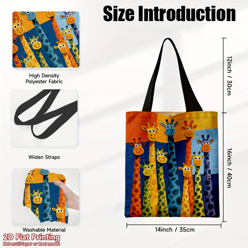 TEMU 1pc Giraffe Print Tote Suitable For Work, Travel & - Large-capacity Foldable Lightweight Handbag With Colorful Giraffe, Polyester, Rectangular
