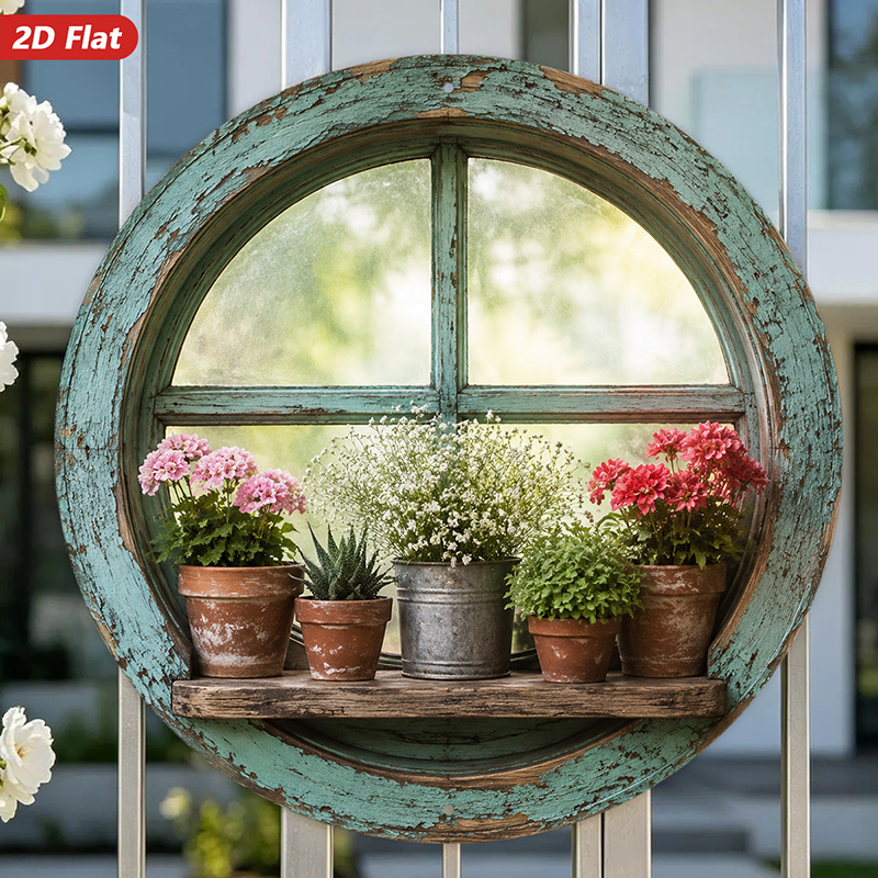 TEMU 2d Flat, 1pc Country Window Round Sign Wall Art, Home Decor, Potted Flowers, Distressed Frame, Retro Farmhouse Style, Suitable For Gardens And