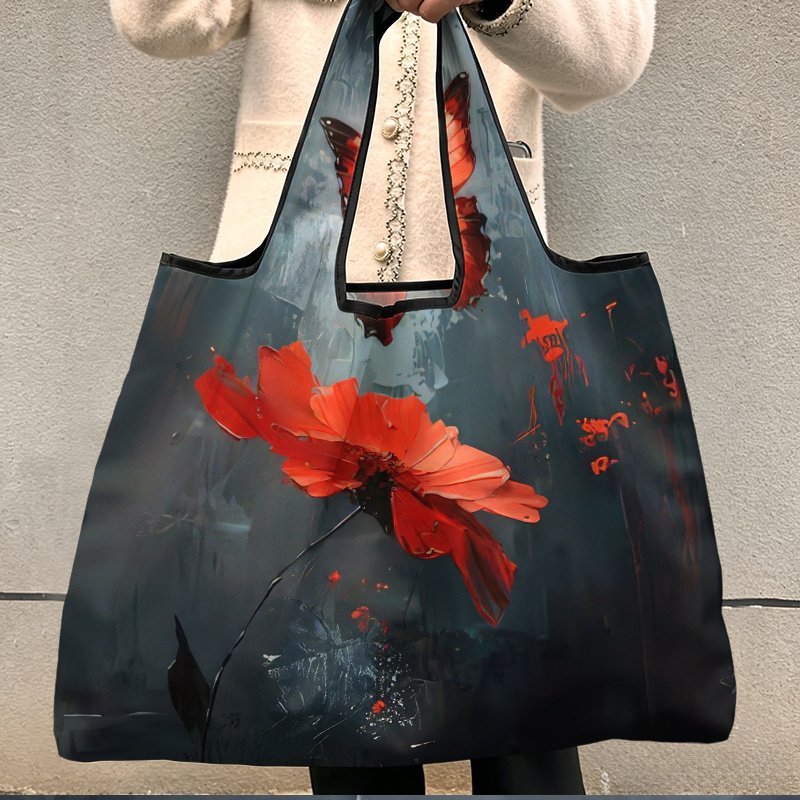 TEMU Sac de courses pliable réutilisable 1pc, motif de peinture de fleurs rouges et de papillon, grand sac fourre-tout portable pour courses, et