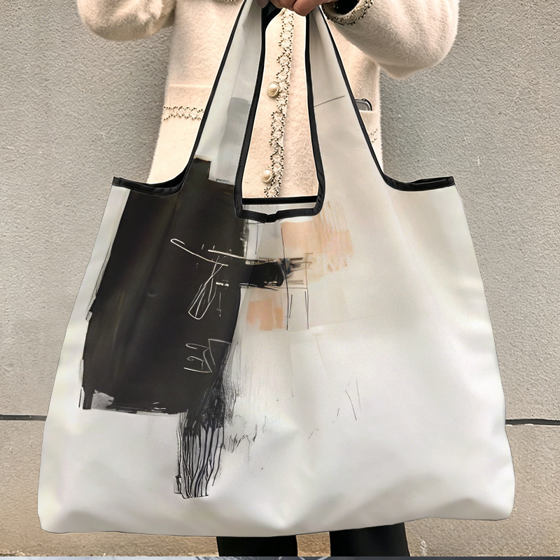 TEMU Foldable Reusable Shopping Bag 1pc, Black And White Painting On White Wall Pattern, Large Portable Tote For Grocery